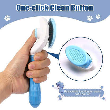 Self Cleaning Slicker Brush, Dog Cat Bunny Pet Grooming Shedding Brush - Easy to Remove Loose Undercoat, Pet Massaging Tool Suitable for Pets with Long or Short Hair (Blue)