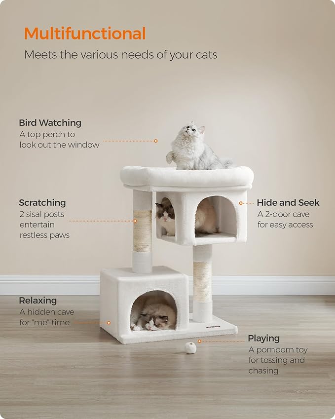 Feandrea Cat Tree, 33.1-Inch Cat Tower, Plush Condo for Large Cats up to 16 lb, Large Perch, 2 Caves, Scratching Post, Cream White UPCT061T01