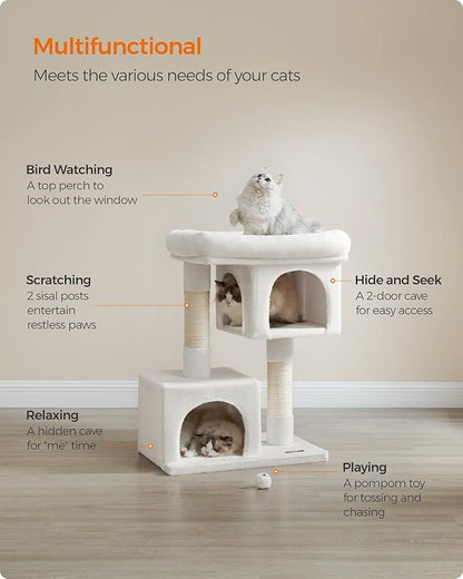 Feandrea Cat Tree, 33.1-Inch Cat Tower, Plush Condo for Large Cats up to 16 lb, Large Perch, 2 Caves, Scratching Post, Cream White UPCT061T01