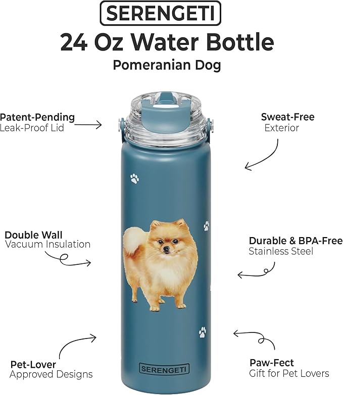 SERENGETI 24 Oz Water Bottle Stainless Steel with Spill Proof Lid - Double walled Vacuum Insulated water flask - Realistic 3D Print of your favorite dog (Pomeranian)