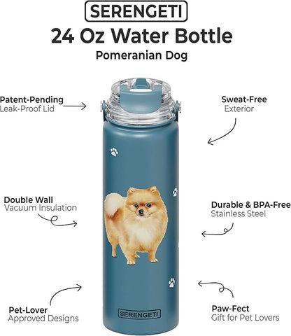 SERENGETI 24 Oz Water Bottle Stainless Steel with Spill Proof Lid - Double walled Vacuum Insulated water flask - Realistic 3D Print of your favorite dog (Pomeranian)