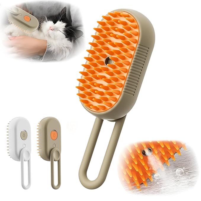 Cat Steam Brush for Shedding, 2025 New 3 in 1 Cat Brushes for Indoor Cats, Pet Steam Groomer Comb, Hair Water Brush Hair Removal Comb for Cats Dogs (Khaki)