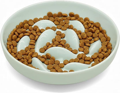 Anti-Bloat Ceramic Slow Feeder Bowl - Fish Pool Design Interactive Puzzle Feeder for Cats & Small Dogs, Food-Safe Porcelain Healthy Eating Dish (Green-Ceramic)