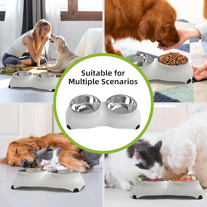 Stainless Steel Dog Bowls Set, Double Food & Water Bowls for Dogs, Dual Dog Food Bowl with 2 Small (4oz*2) Bowl, Non-Slip Pet Bowls Suitable for Puppies, Kittens and Small Breed Dogs (White)