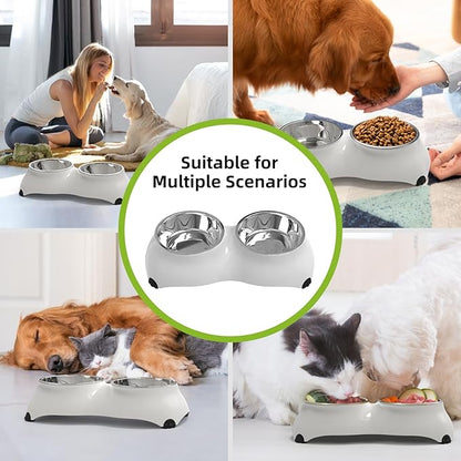 Stainless Steel Dog Bowls Set, Double Food & Water Bowls for Dogs, Dual Dog Food Bowl with 2 Small (4oz*2) Bowl, Non-Slip Pet Bowls Suitable for Puppies, Kittens and Small Breed Dogs (White)