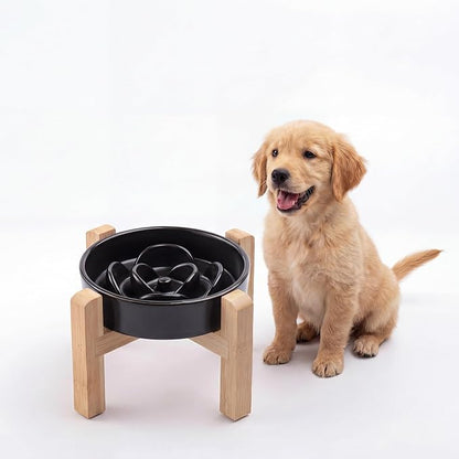 Ceramic Slow Feeder/Dog Bowl for Small Medium Dogs,Elevated/Raised Slow Feeding Dog Food Water Dish Heavy Weighted,Puzzle Eating Bow (Black, 8.26in)