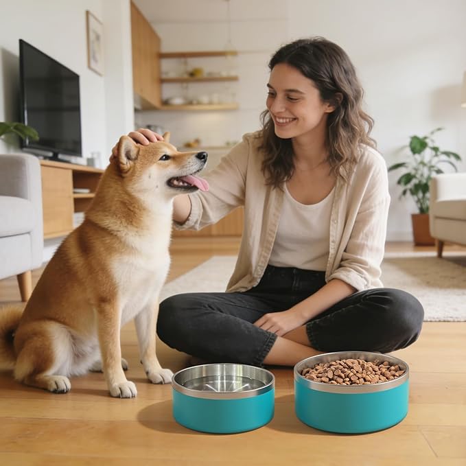 IKITCHEN Dog Bowl for Food and Water, 64 Oz Stainless Steel Pet Feeding Bowl, Durable Non-Skid Double Wall Insulated Heavy Duty with Rubber Bottom for Medium Large Dogs (64 Ounces/8 Cup, Lakeblue)