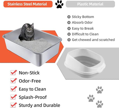 Stainless Steel Cat Litter Box - Large Metal High-Sided Pan for Cats, Pets, Non-Stick, Odor-Free, Easy to Clean, Splash-Proof, Durable (23.6" L x 15.8" W x 6" H)
