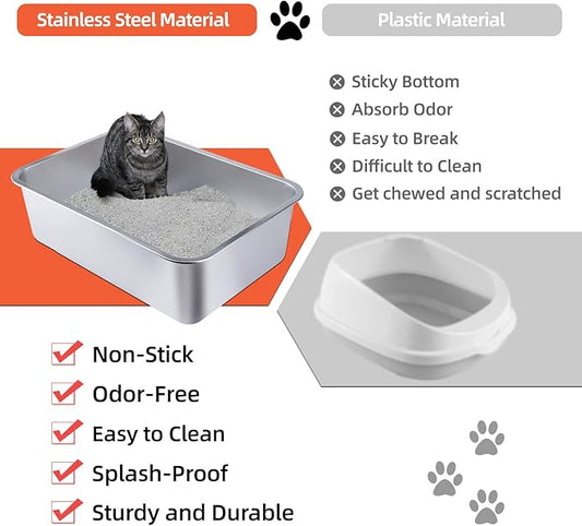 Stainless Steel Cat Litter Box - Large Metal High-Sided Pan for Cats, Pets, Non-Stick, Odor-Free, Easy to Clean, Splash-Proof, Durable (23.6" L x 15.8" W x 6" H)