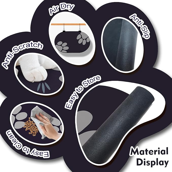Pet Feeding Mat – 20''x12'' Absorbent Dog Food Mat, Pet Water Mats Protect Floor, No Stains Quick Dry Bowl Mats, Non-Slip Rubber Base Pets Placemats for Food and Water, Black Paw