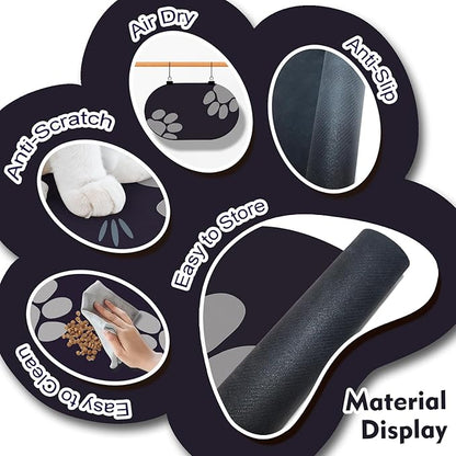 Pet Feeding Mat – 20''x12'' Absorbent Dog Food Mat, Pet Water Mats Protect Floor, No Stains Quick Dry Bowl Mats, Non-Slip Rubber Base Pets Placemats for Food and Water, Black Paw