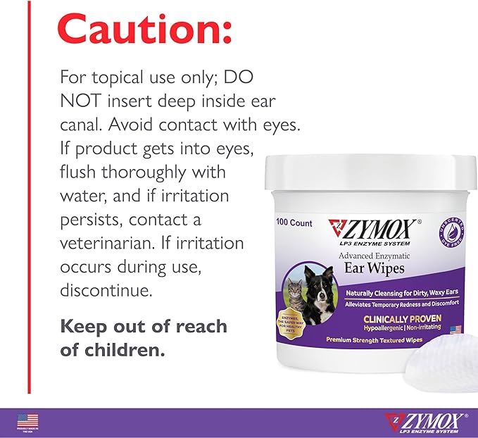 Zymox Advanced Enzymatic Ear Wipes for Dogs and Cats - for Dirty, Waxy, Smelly Ears - Premium Strength Ear Cleaner Wipes - Non-Irritating - Hypoallergenic (100 Count-Pack of 2)