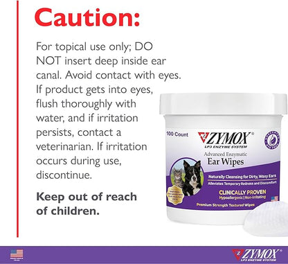 Zymox Advanced Enzymatic Ear Wipes for Dogs and Cats - for Dirty, Waxy, Smelly Ears - Premium Strength Ear Cleaner Wipes - Non-Irritating - Hypoallergenic - 100 ct