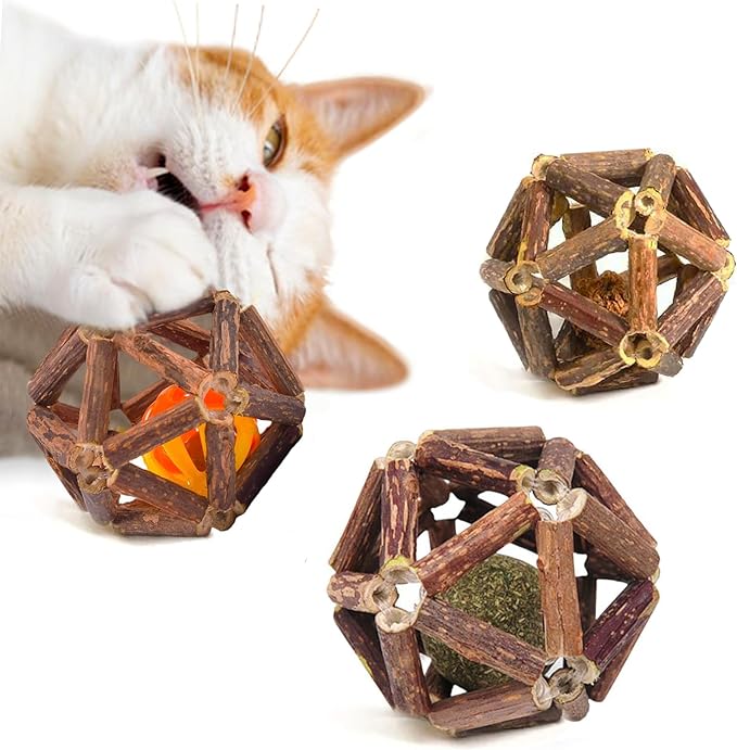 SunGrow Silverine Balls for Cats, Engaging and Interactive Pet Enrichment, Gall Fruit, Catnip, Bell Ball, Cool Pal Feline Toy, Christmas Stocking Stuffers, Brown, 2.5” (Diameter), 3 Pieces per Set 
