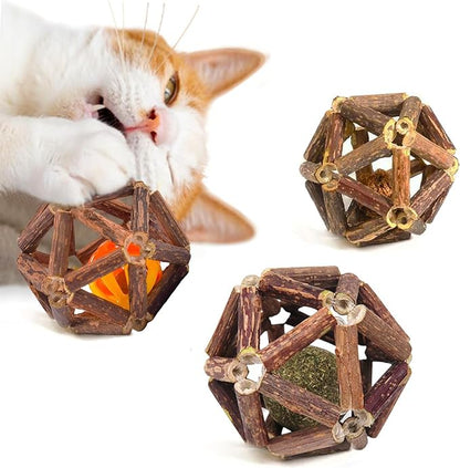 SunGrow Silverine Balls for Cats, Engaging and Interactive Pet Enrichment, Gall Fruit, Catnip, Bell Ball, Cool Pal Feline Toy, Christmas Stocking Stuffers, Brown, 2.5” (Diameter), 3 Pieces per Set 