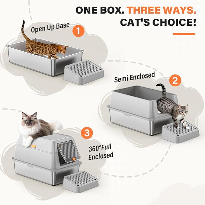 Stainless Steel Cat Litter Box with Scoop, Metal Litter Box High Sided, Cat Litter Box Enclosure, XL Extra Large High-Sided Litter Boxs (Anti-Urine Leakage, Include Scoop) (Grey)