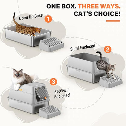 Stainless Steel Cat Litter Box with Scoop, Metal Litter Box High Sided, Cat Litter Box Enclosure, XL Extra Large High-Sided Litter Boxs (Anti-Urine Leakage, Include Scoop) (Grey)