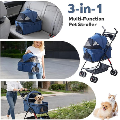 4 Wheels Blue Foldable Pet Stroller with Storage Basket, Cup Holder & Breathable Mesh for Small/Medium Dogs and Cats