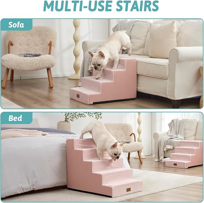 Dog Stairs for Small Dogs 5-Step, 19.7" Extra Wide Right-Angle Pet Stairs for Couch and Beds, Anti-Slip Dog Steps for Old Cats and Lowrider, 19.7x29.5x23.6 inch, Pink