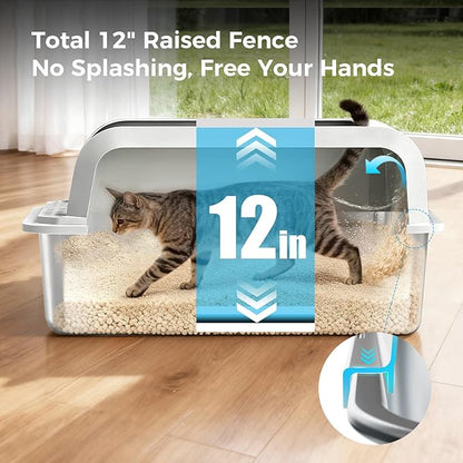 GTPLAYER Stainless Steel Cat Litter Box XL - Extra Large High-Sided Open-Top Metal Litter Box for Large & Multi-Cat Homes, Splash Guard, Low Entry, Easy Clean 304 Steel with Step, Mat & Scoop, White