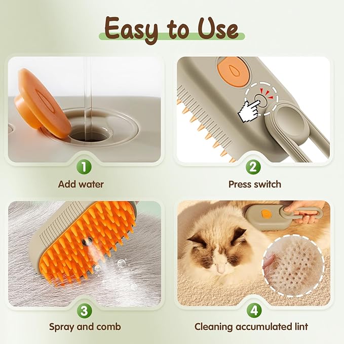 Pet Steam Groomer Brush, 2025 New 3 in 1 Steam Cat Steam Brush for Shedding & Grooming, Multifunctional Hair Removal Comb for Cats Dogs (Khaki＋White)