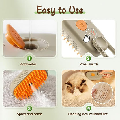 Pet Steam Groomer Brush, 2025 New 3 in 1 Steam Cat Steam Brush for Shedding & Grooming, Multifunctional Hair Removal Comb for Cats Dogs (Khaki＋White)