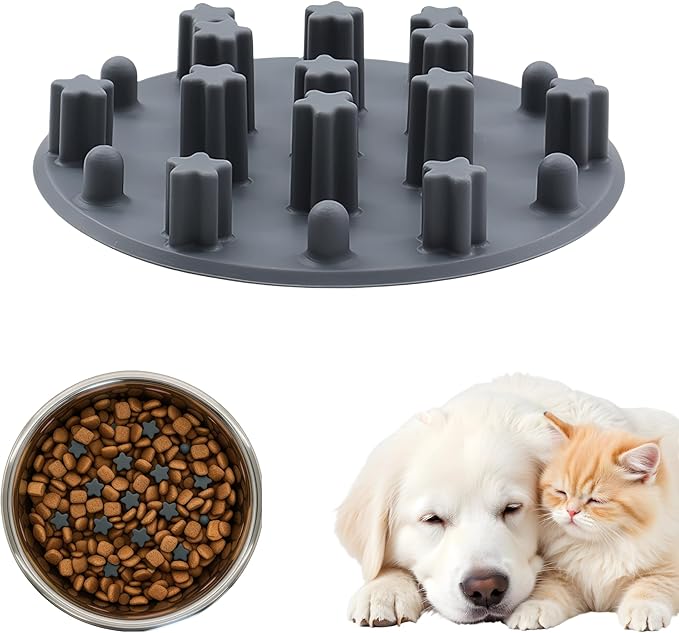 Slow Feeder Insert for Cat Dog Bowls, Anti-Choking Silicone with Strong Suction Cups, Fits Most Cat Bowls, Ideal for Puppy Small Medium Breeds (Grey)