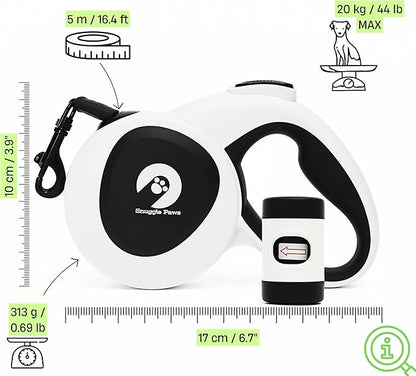 Snuggle Paws Retractable Dog Leash 16ft – Heavy Duty All-in-One Dog Leash with LED Flashlight, Poop Bag Holder, Chew Proof Steel Cable & Reflective Tape – Size S