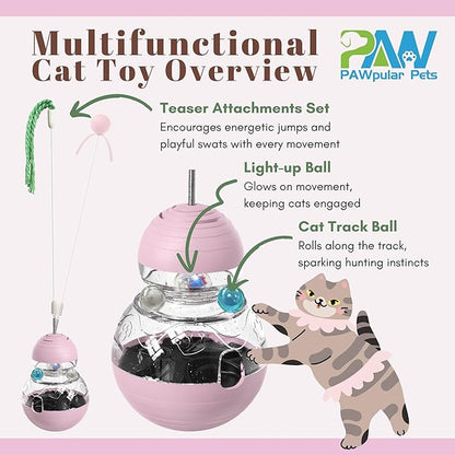 Interactive Cat Toy for Bored Indoor Cats, Tumbler Design with Teaser Wand, Cat Food Dispenser & Treat Puzzle Toy, Kitten Enrichment Toys for Mental Stimulation & Slower Eating (Pink)