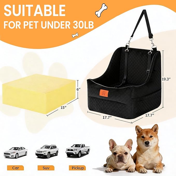 Dog Car Seat for Medium Dogs Up to 35lbs, Pet Booster Seat with 2 Safety Belts, Detachable Washable, Non-Slip Stable Base, Portable Puppy Car Seat for Travel & Outdoor Daily Use