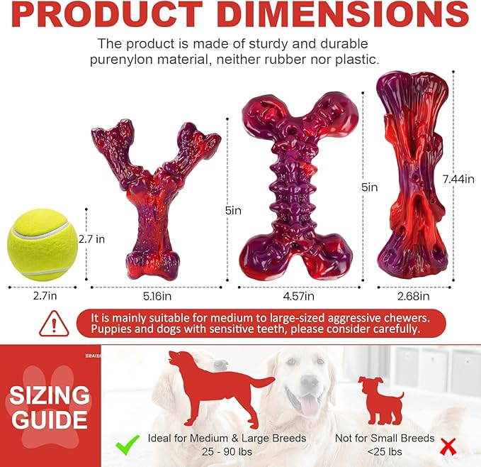 3-Pack Dog Chew Toys for Aggressive Chewers Medium & Large Breed (20-90 lbs), Indestructible Nylon Bones with Beef Flavor, Tough Dental Chews for Boredom & Anxiety, Long Lasting Doggy Gifts