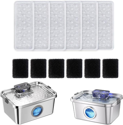 Accessories Set (Replacement Filter & Water Pump Sponge) for Pet Water Fountain- 6 pcs Packed Filters and 6 pcs Packed Sponges, Fits PETIMI 2 Gallons and 3 Gallons Pet Fountain Series