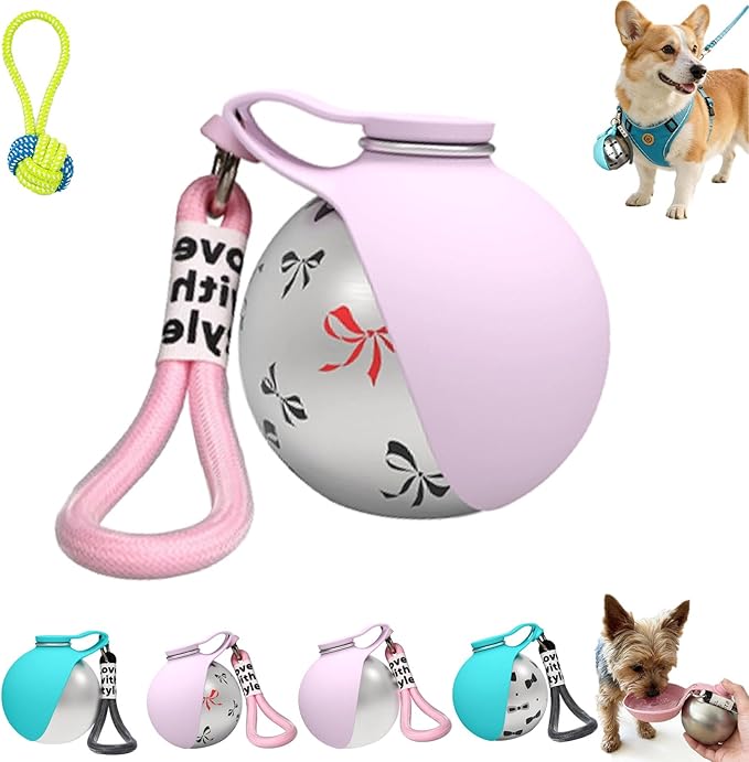 Foldable Pet Water Bottle for Travel, 2 in 1 Portable Dog Water Bottle, 304 Stainless Steel Compact Dog Drinking Bottles Leak Proof & Silicone Bowl for Walking Hiking (Pink+Print)