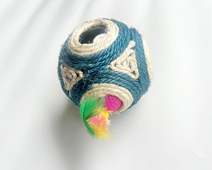1x Hemp Ball Cat Toy,Six-Hole Hollow-Out Designed,Sisal Hemp Woven Cat Toy, Plume Bell Inside,Special Kitten Chew Toys for Indoor Cats,Interactive pet (Blue, 12cm Ball)