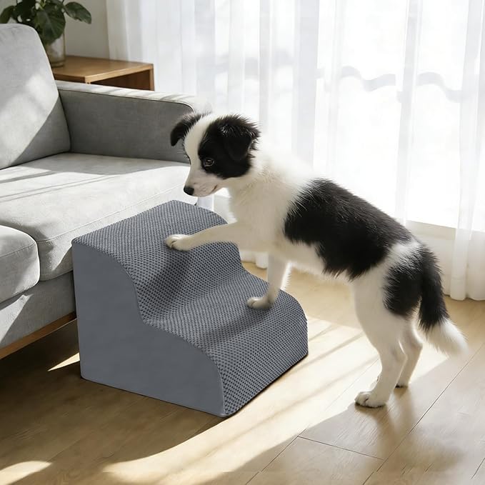 Dog Stairs for Small Dogs, 2-Steps Dog Ramp for Couch, Pet Stairs with Highly Supportive Foam and Non-Slip Bottom, Pet Steps for Cat & Doggie (High 11.8Inch)