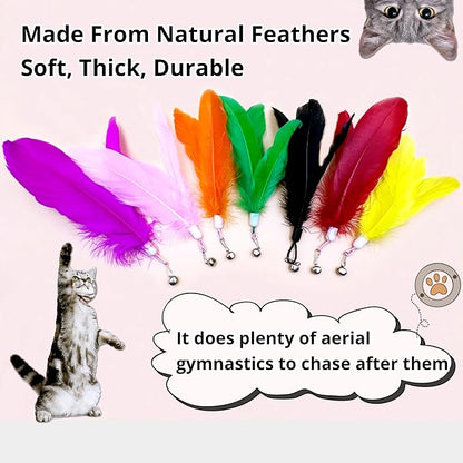 Cat Toy Refill, 8 Pack Large Feather Toy with Bell for Cat Wand Toy Accessories Cat Toy Attachment Replacements, 7.87” Realistic Size Feather Toy for Bored Indoor Adult Cat Play Exercise