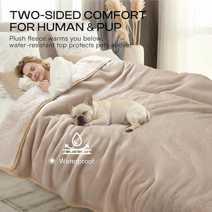 Luciphia Waterproof Pet Blanket, Liquid Pee Proof Dog Blanket for Sofa Bed Couch, Reversible Sherpa Fleece Furniture Protector Cover for Small Medium Large Dogs Cats, Khaki+Beige Large（65" x 57"）