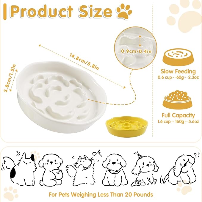 Cat Slow Feeder Bowl Set - 2 Pcs Pastel Series Cat Plate for Dry and Wet Food - Cute Maze Feeder Dish for Healthy Eating- Dishwasher Safe.(Yellow and White)
