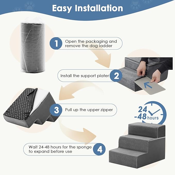DUMOS Dog Stairs for Small Dogs, 3-Steps Non-Slip Balanced Indoor Foldable Dog Steps with Density Foam & Washable Cover, Cat Puppy Old Pet Stairs for High Bed, Couch, Sofa - Grey, 18" H