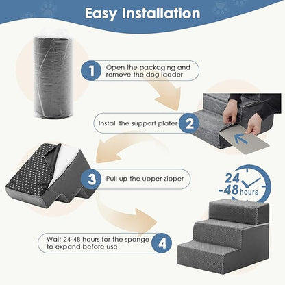 DUMOS Dog Stairs for Small Dogs, 3-Steps Non-Slip Balanced Indoor Foldable Dog Steps with Density Foam & Washable Cover, Cat Puppy Old Pet Stairs for High Bed, Couch, Sofa - Grey, 18" H