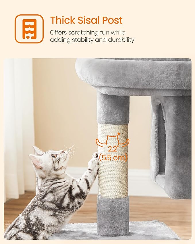 Feandrea Cat Tree, 33.1-Inch Cat Tower, Plush Condo for Large Cats up to 16 lb, Large Perch, 2 Caves, Scratching Post, Light Gray UPCT61W