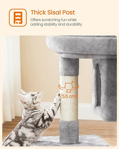 Feandrea Cat Tree, 33.1-Inch Cat Tower, Plush Condo for Large Cats up to 16 lb, Large Perch, 2 Caves, Scratching Post, Light Gray UPCT61W