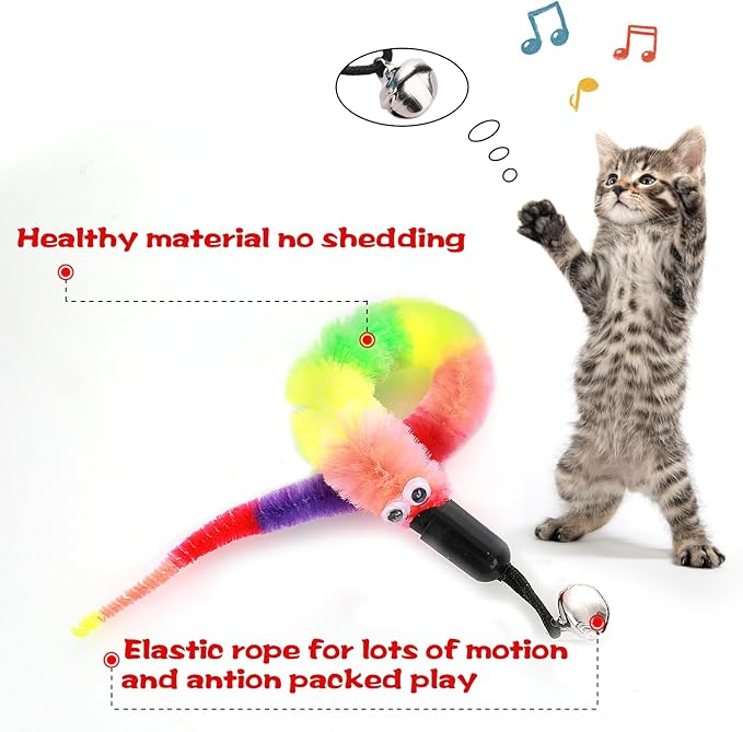 Cat Toys, 12pcs Rainbow Cat Worm Toys Cat Wand Toy Replacement Refills Cat Feather Toys Interactive Fluffy Worms Toys with Bells for Indoor Cats Kitten Training Accessories