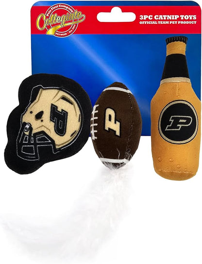 BEST PLUSH CAT TOY NCAA PURDUE BOILERMAKERS Complete Set of 3 piece Cat Toys filled with Fresh Catnip. Includes: 1 Helmet Cat Toy, 1 Football Cat Toy with Feathers & 1 Beer Bottle. Beautiful Team LOGO