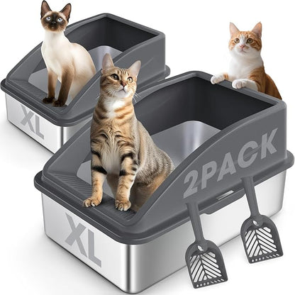 2 Pack Stainless Steel Litter Box | XL Enclosed Cat Litter Boxes with Lid for Big Cats and Multi-Cats | High Sided, Anti-Urine Leakage | Non-Stick Bottom（Dark Gray）