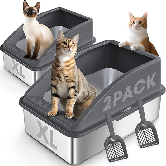 2 Pack Stainless Steel Litter Box | XL Enclosed Cat Litter Boxes with Lid for Big Cats and Multi-Cats | High Sided, Anti-Urine Leakage | Non-Stick Bottom（Dark Gray）