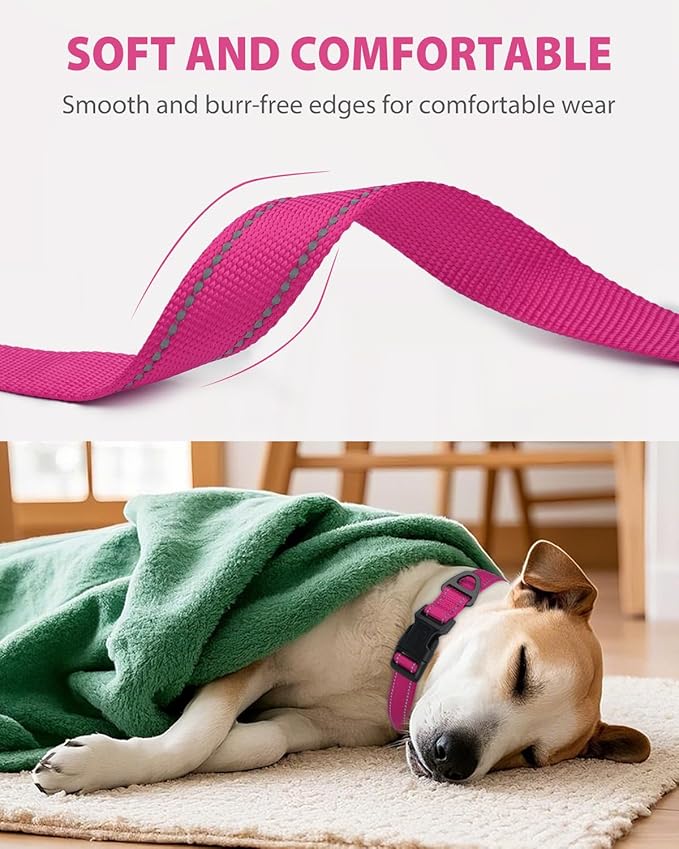 Joytale Dog Collar for Large Dogs, Strong Double-Sided Reflective Nylon Collar for Night Safety, Adjustable Quick-Release for Daily Walking, Hotpink, L (1" Width)