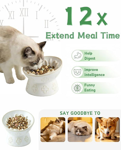 TRUVIC Ceramic Slow Feeder Cat Bowl, 15° Tilted Elevated Cat Slow Eating Bowl for Neck Protection, Anti Vomiting Dog Slow Feeder, Whisker Friendly & No Black Chin for Cats and Small Dogs, Jun Blanc
