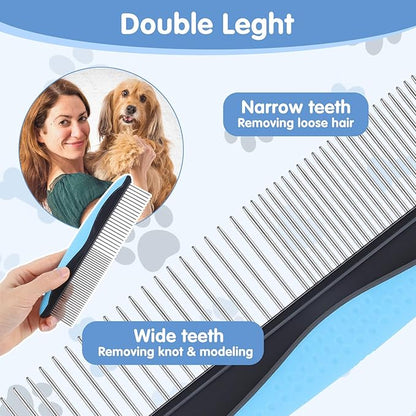 Metal Dog Comb, Stainless Steel Teeth Dematting Comb for Dogs Cats, Dog Grooming Combs, Pet Hair Combs for Removing Knots Mats Tangles Home Grooming Tool
