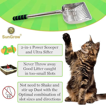 SunGrow Cat Litter Scoop, Stainless Steel Long Handle Chicken Coop Poop Scooper, Comfortable 9” Handle, 5” Wide Mouth, Narrow Slits and High Sides Metal Sifter, for Litter Boxes or Gardening